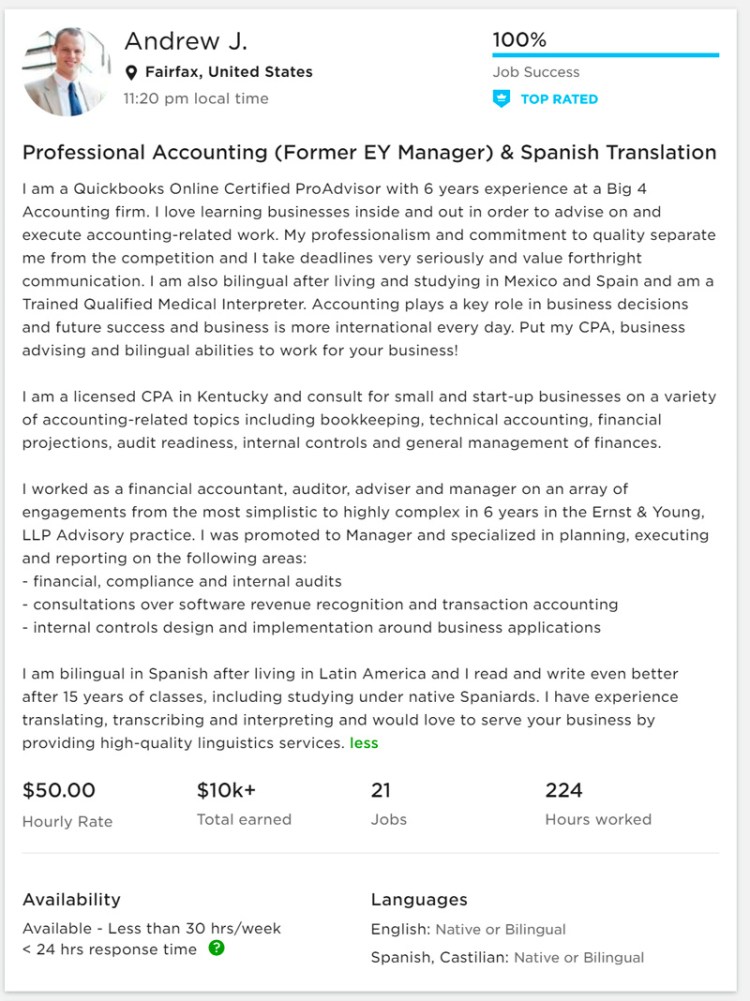 Ejemplo de un perfil profesional en Upwork